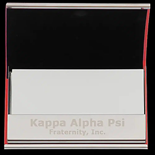 G457-2-KAPPA ALPHA PSI LASER ENGRAVED BUSINESS CARD HOLDER STAINLESS STEEL WITH RED LEATHER 450